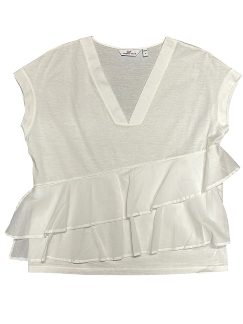 Vineyard Vines short sleeve cotton layered ruffle V neck white feminine top S